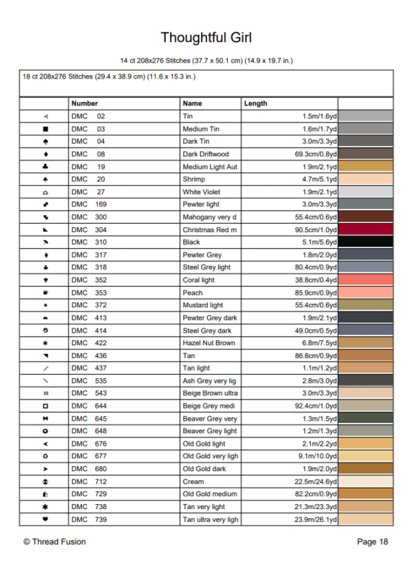 DMC key Thoughtful Girl - Cross Stitch Pattern PDF