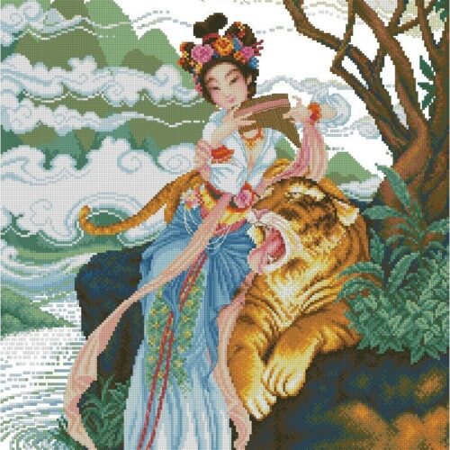 (TF)d87 Japanese Girl With Tiger - Cross Stitch Pattern PDF