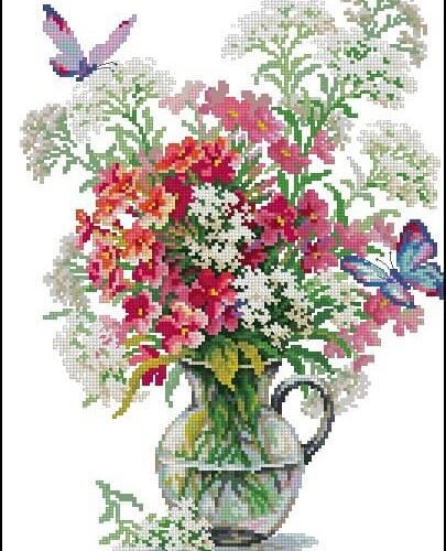 (TF)d115 Butterfly Over Flowers - Cross Stitch Pattern PDF