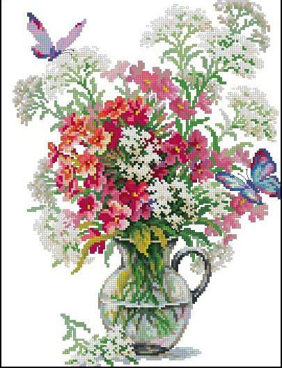 (TF)d115 Butterfly Over Flowers - Cross Stitch Pattern PDF