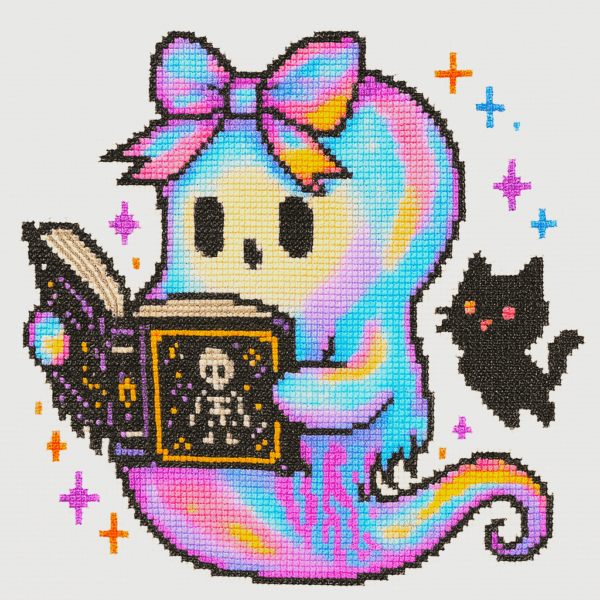 (TF)d157 Ghost With Kitten - Cross Stitch Pattern PDF