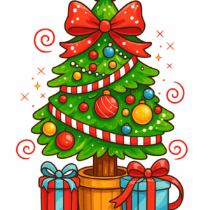 Christmas tree cross stitch pattern PDF with colorful ornaments and wrapped presents