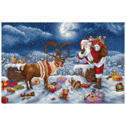 page Santa And Reindeer Rooftop Night - Cross Stitch Pattern PDF