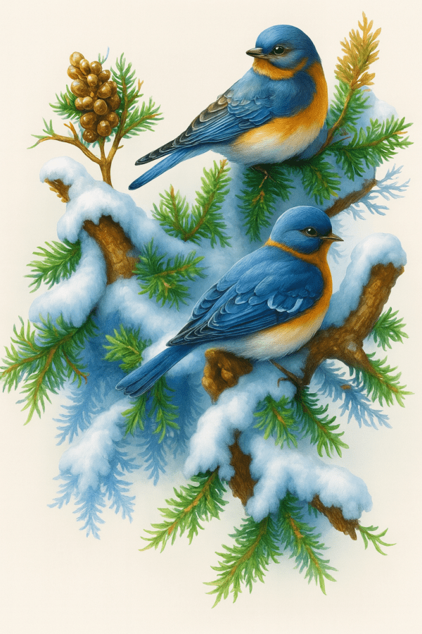 Winter Bluebirds on Snowy Pines – Cross Stitch Pattern PDF