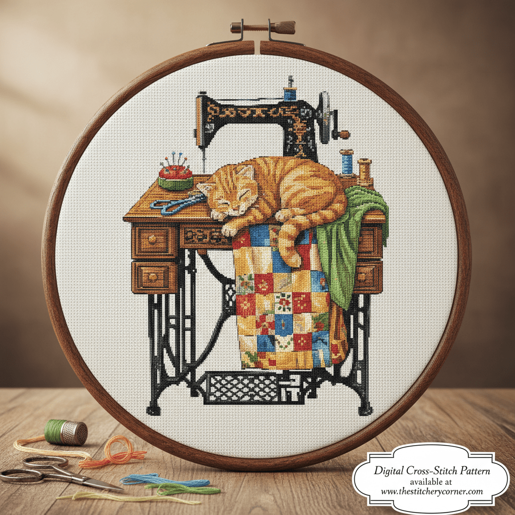 Cat on Sewing Table – Printable PDF Cross Stitch Pattern