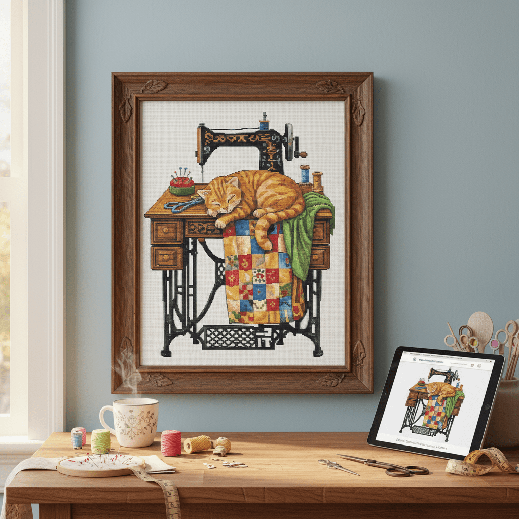 Cat on Sewing Table – Printable PDF Cross Stitch Pattern