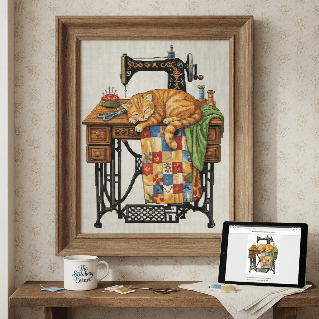 Cat on Sewing Table – Printable PDF Cross Stitch Pattern