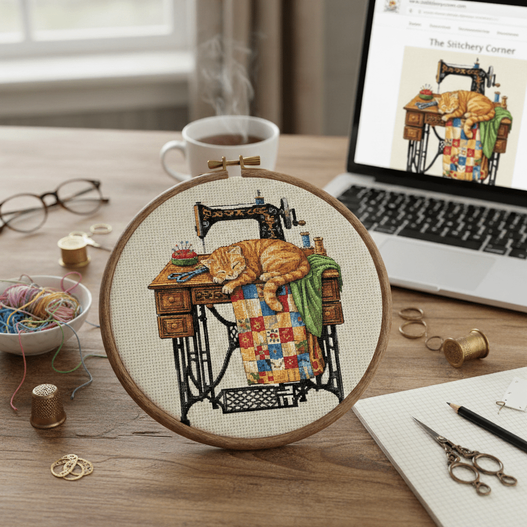 Cat on Sewing Table – Printable PDF Cross Stitch Pattern