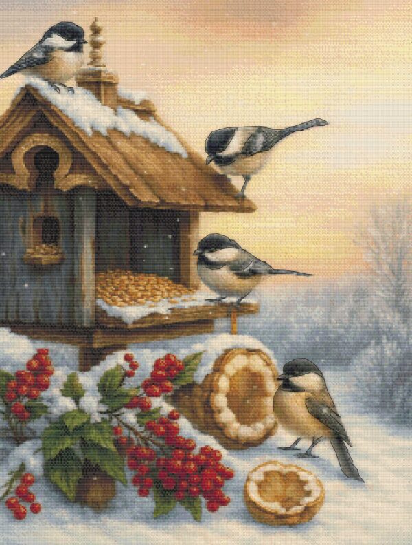 Winter Chickadees at the Bird Feeder – Cross Stitch Pattern PDF