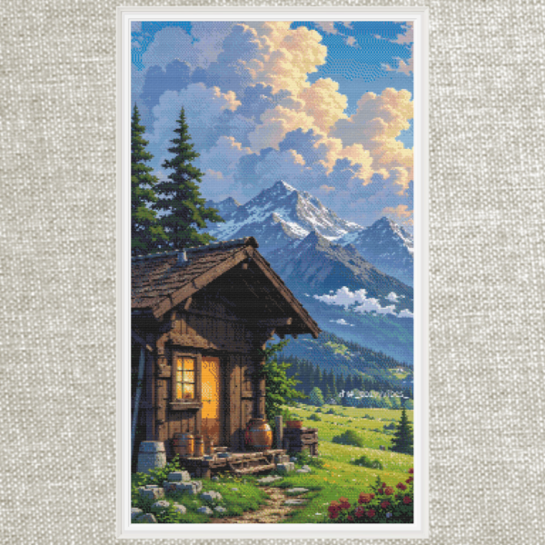 Mountain Cabin Pine Trees - Cross Stitch PDF - Elegant Needlework - Full Coverage - Detailed Stitch