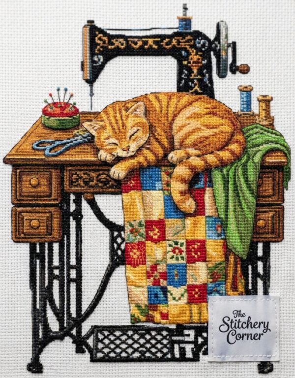 Cat on Sewing Table – Printable PDF Cross Stitch Pattern