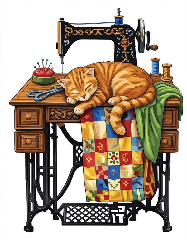 Cat on Sewing Table – Printable PDF Cross Stitch Pattern